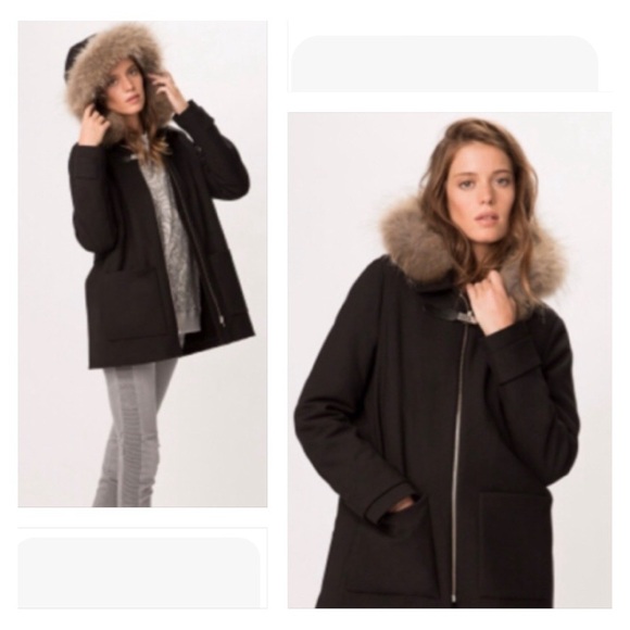 Maje Jackets & Blazers - Maje Black Hooded With Racoon Trimed Coat Parka